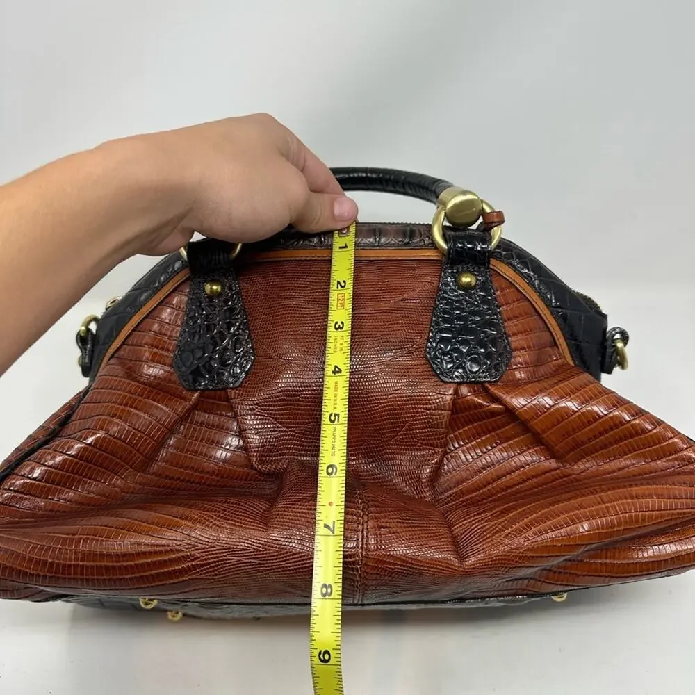 Brahmin Lisa Satchel Bag Cognac Tri-Texture Croc Lizard Brown Gold Tone